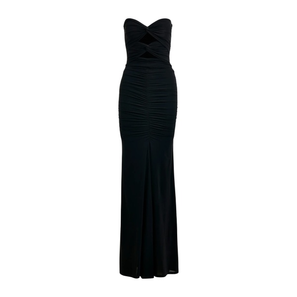 Black strapless maxi dress with sculpted ruching and a subtle cut-out detail