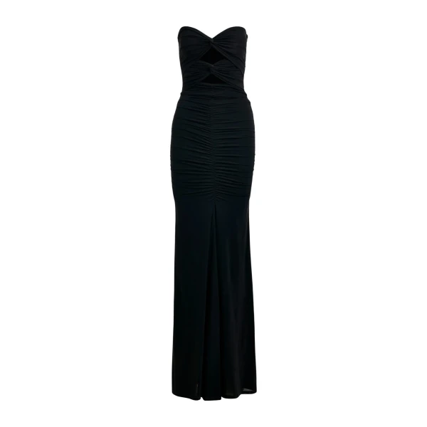 Essentiel Antwerp Black strapless maxi dress with sculpted ruching and a subtle cut-out detail