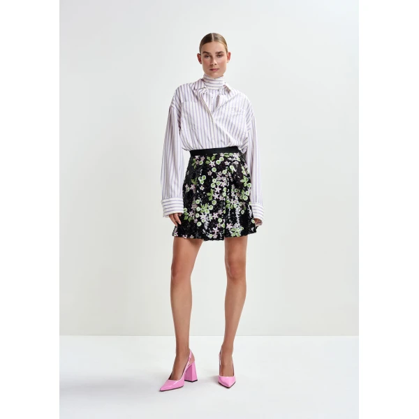 Essentiel Antwerp Black tulip-shape mini skirt with green and pink sequin embellishments, view 2