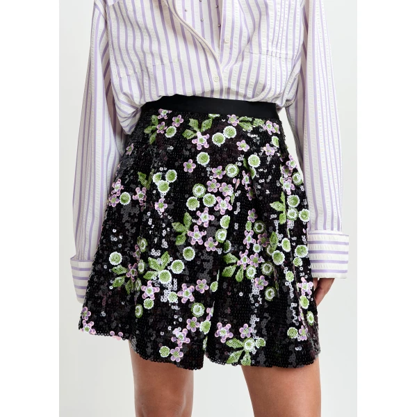 Essentiel Antwerp Black tulip-shape mini skirt with green and pink sequin embellishments, view 3