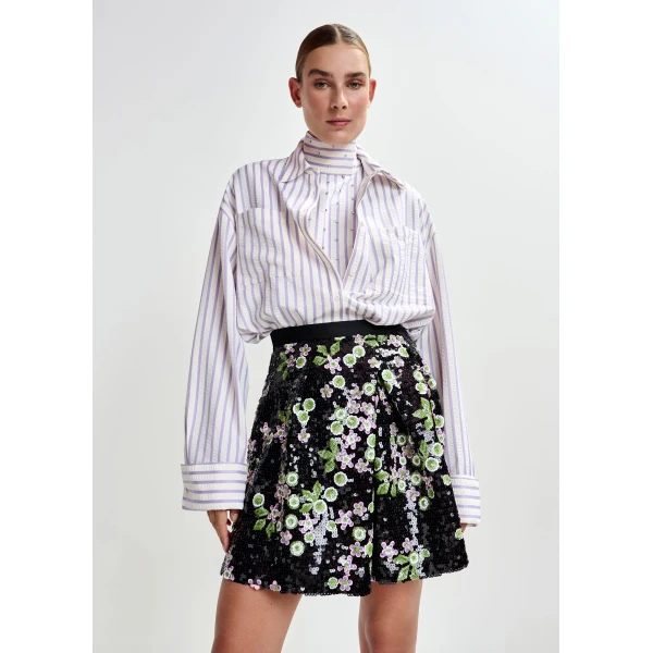 Essentiel Antwerp Black tulip-shape mini skirt with green and pink sequin embellishments, view 5