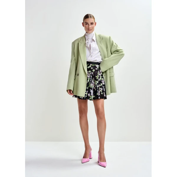 Essentiel Antwerp Black tulip-shape mini skirt with green and pink sequin embellishments, view 6