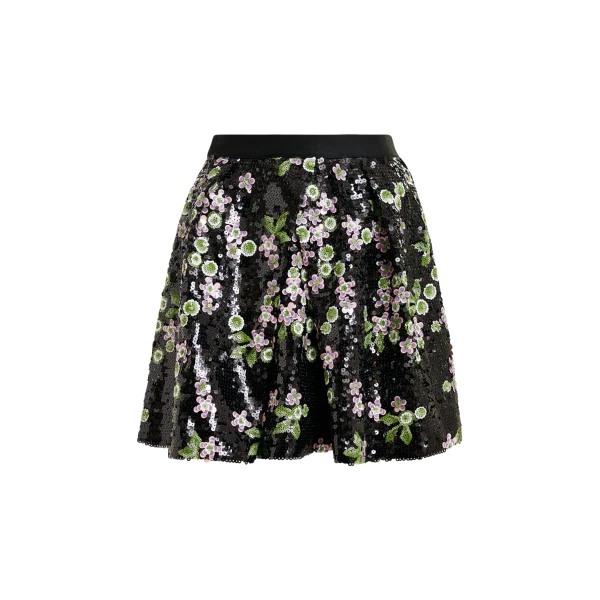 Essentiel Antwerp Black tulip-shape mini skirt with green and pink sequin embellishments
