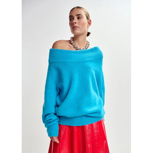 Essentiel Antwerp Blue alpaca wool-blend off-shoulder knit sweater, view 2