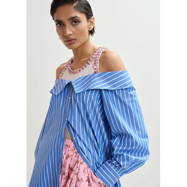 Essentiel Antwerp Blue and white layered shirt dress with embellished tank top, view 3