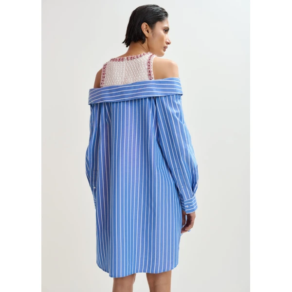 Essentiel Antwerp Blue and white layered shirt dress with embellished tank top, view 4