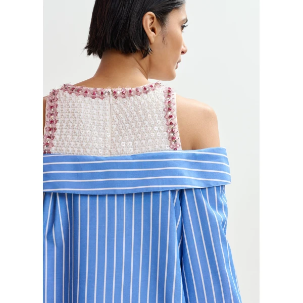 Essentiel Antwerp Blue and white layered shirt dress with embellished tank top, view 5