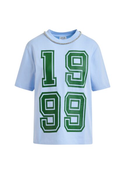Blue cotton T-shirt with rhinestone embellished neckline and green numeric print