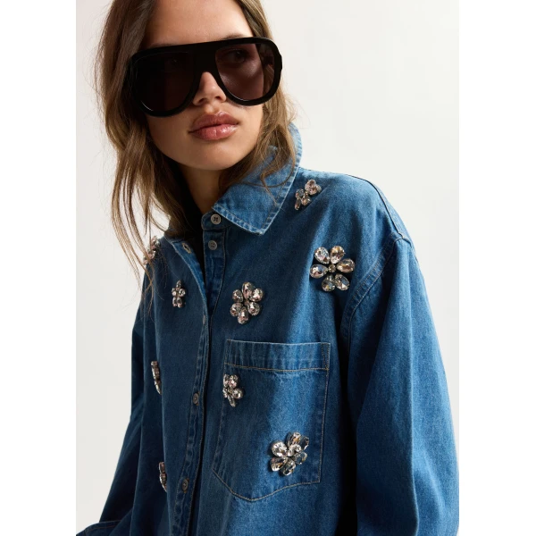 Essentiel Antwerp Blue denim shirt with floral rhinestone embellishments, view 2