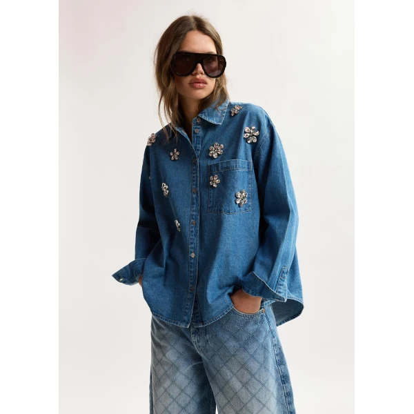 Essentiel Antwerp Blue denim shirt with floral rhinestone embellishments, view 3