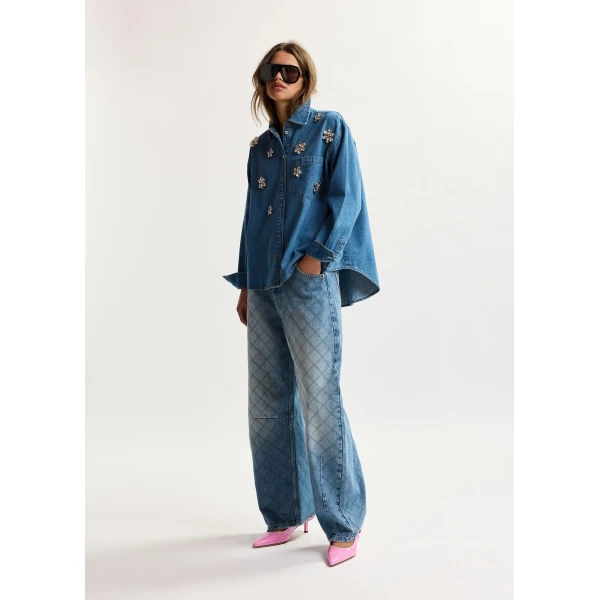 Essentiel Antwerp Blue denim shirt with floral rhinestone embellishments, view 5