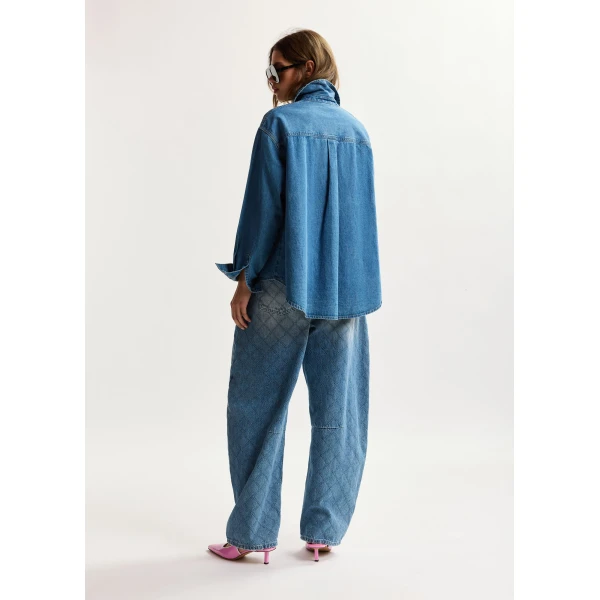 Essentiel Antwerp Blue denim shirt with floral rhinestone embellishments, view 6