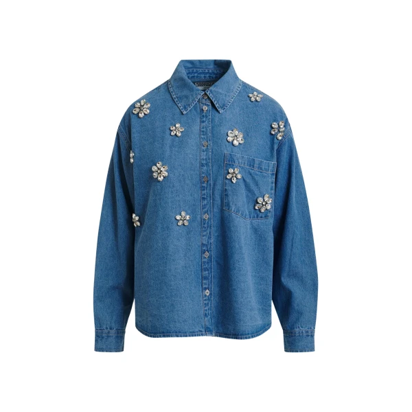 Essentiel Antwerp Blue denim shirt with floral rhinestone embellishments