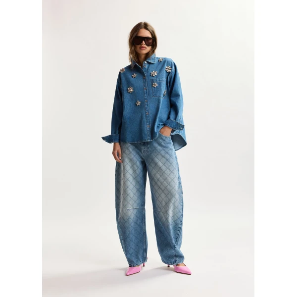 Essentiel Antwerp Blue diamond-stitched cotton barrel-leg jeans, view 2