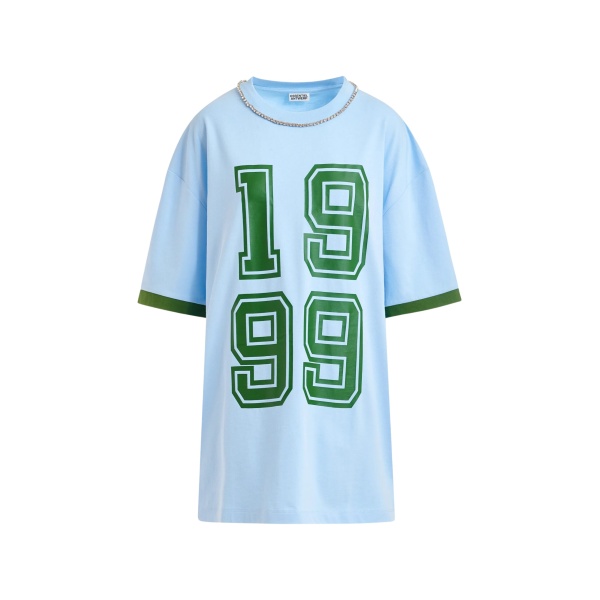 Blue oversized cotton T-shirt with rhinestone embellished neckline and green numeric print