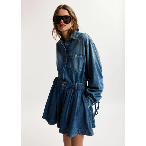 Essentiel Antwerp Blue oversized denim shirt with sleeve drawstrings, view 3