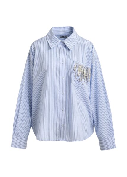 Blue oversized striped embellished cotton shirt