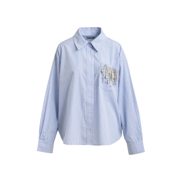 Blue oversized striped embellished cotton shirt