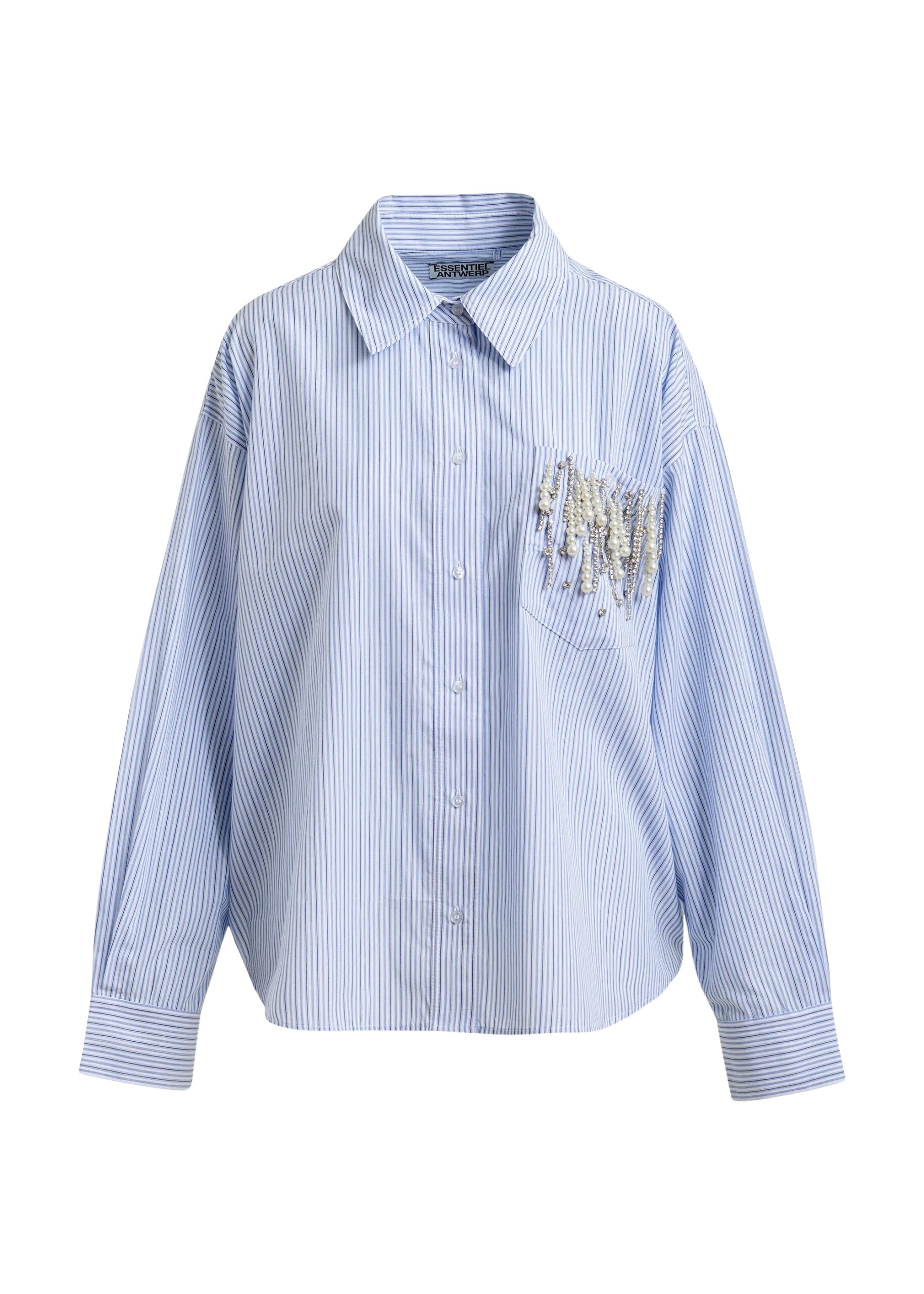 Blue oversized striped embellished cotton shirt