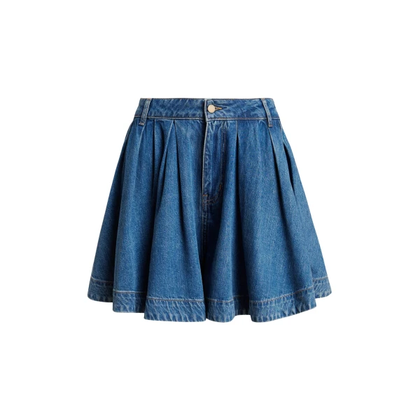 Essentiel Antwerp Blue pleated denim shorts in organic cotton