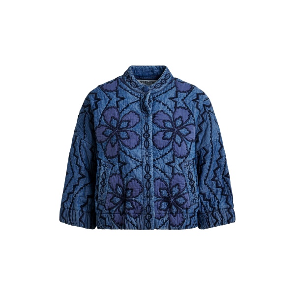 Blue quilted embroidered cropped denim jacket