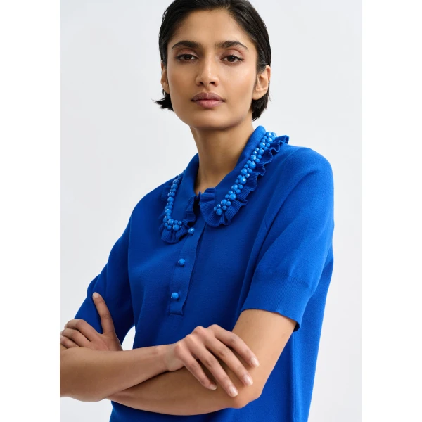 Essentiel Antwerp Blue ruffle fine-knit polo top with bead embellishments, view 2