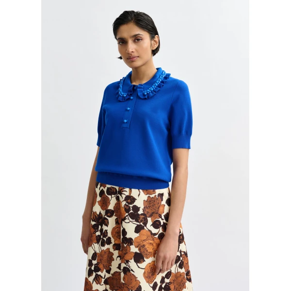 Essentiel Antwerp Blue ruffle fine-knit polo top with bead embellishments, view 3