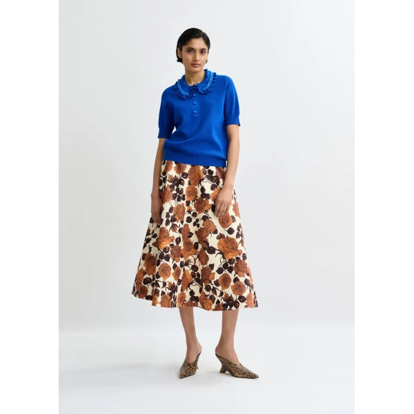 Essentiel Antwerp Blue ruffle fine-knit polo top with bead embellishments, view 5