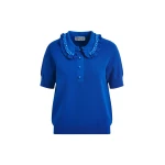 Essentiel Antwerp Blue ruffle fine-knit polo top with bead embellishments