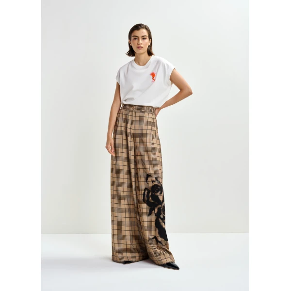 Essentiel Antwerp Brown and black checked wide-leg pants with placed print, view 2