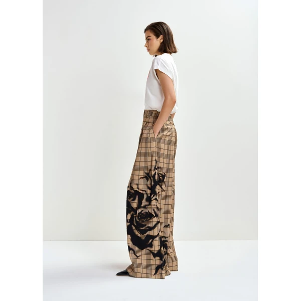 Essentiel Antwerp Brown and black checked wide-leg pants with placed print, view 3