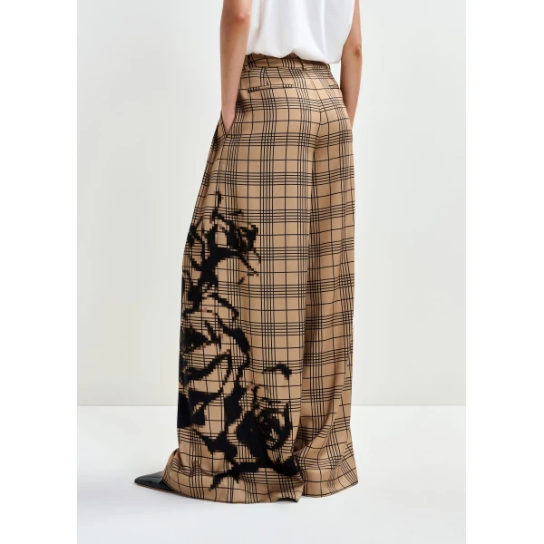 Essentiel Antwerp Brown and black checked wide-leg pants with placed print, view 4