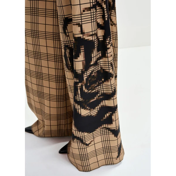 Essentiel Antwerp Brown and black checked wide-leg pants with placed print, view 5