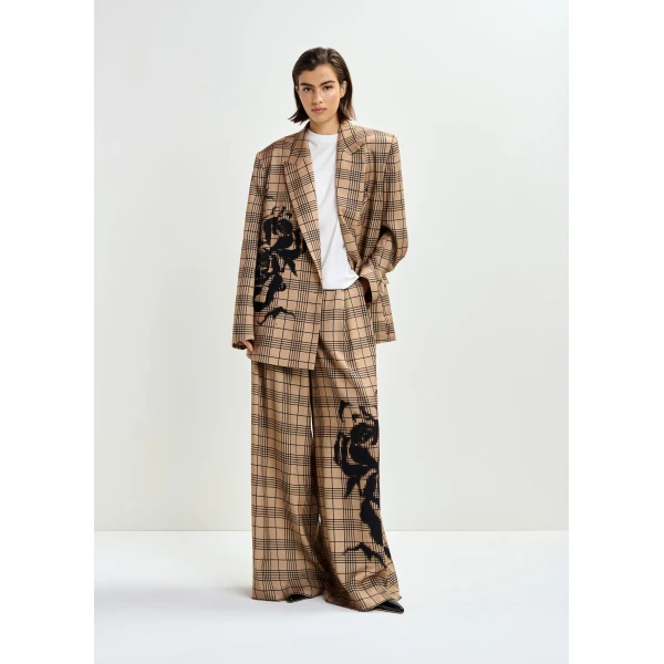 Essentiel Antwerp Brown and black checked wide-leg pants with placed print, view 6