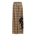 Essentiel Antwerp Brown and black checked wide-leg pants with placed print