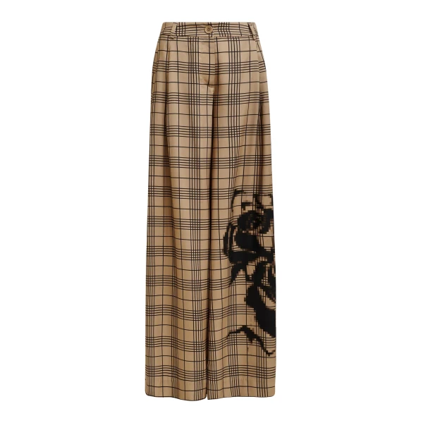 Essentiel Antwerp Brown and black checked wide-leg pants with placed print