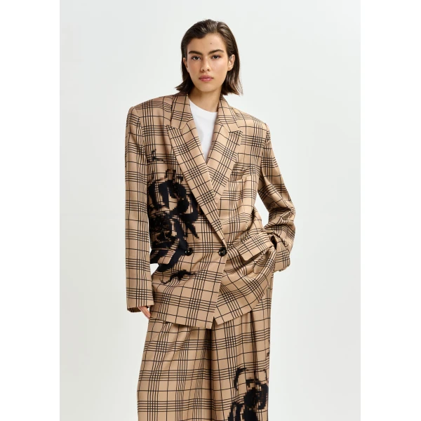 Essentiel Antwerp Brown and black double-breasted blazer with placed pixel print, view 2