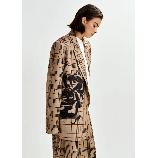 Essentiel Antwerp Brown and black double-breasted blazer with placed pixel print, view 4