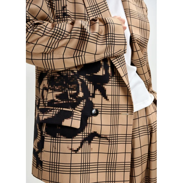 Essentiel Antwerp Brown and black double-breasted blazer with placed pixel print, view 5