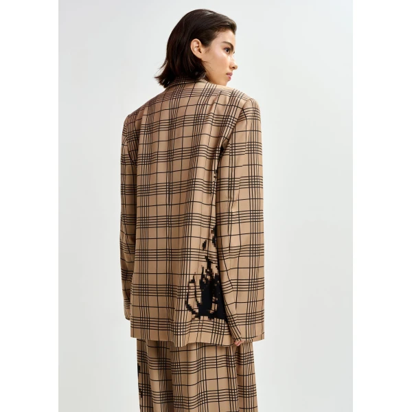 Essentiel Antwerp Brown and black double-breasted blazer with placed pixel print, view 6