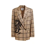 Essentiel Antwerp Brown and black double-breasted blazer with placed pixel print