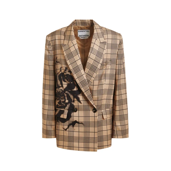 Essentiel Antwerp Brown and black double-breasted blazer with placed pixel print
