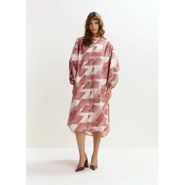 Essentiel Antwerp Brown and cream knee-length dress with mandarin collar, view 6