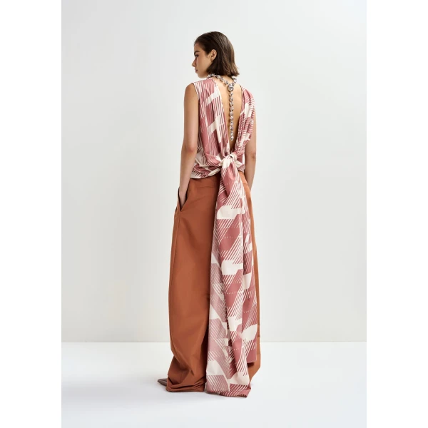 Essentiel Antwerp Brown and off-white cotton wrap tie top with low back, view 4