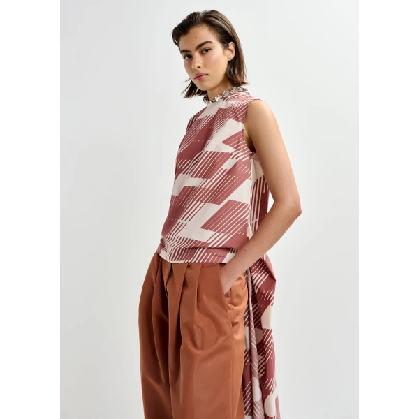 Essentiel Antwerp Brown and off-white cotton wrap tie top with low back, view 5