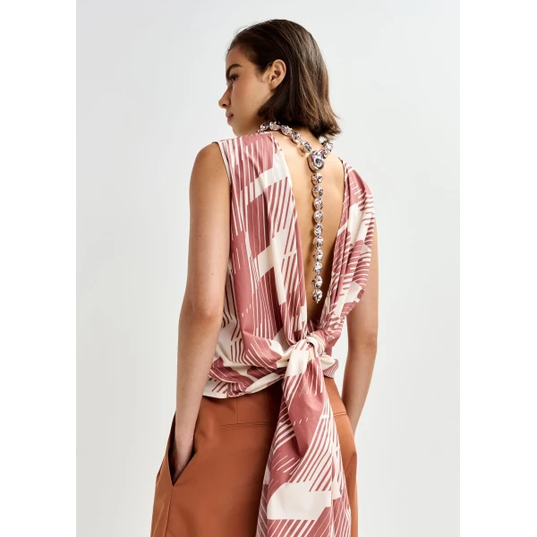 Essentiel Antwerp Brown and off-white cotton wrap tie top with low back, view 6