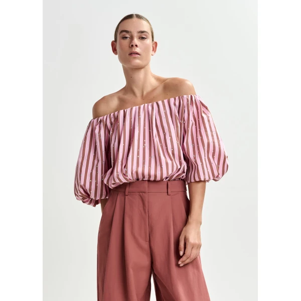 Essentiel Antwerp Brown and pink gathered bodysuit with puffed sleeves, view 3