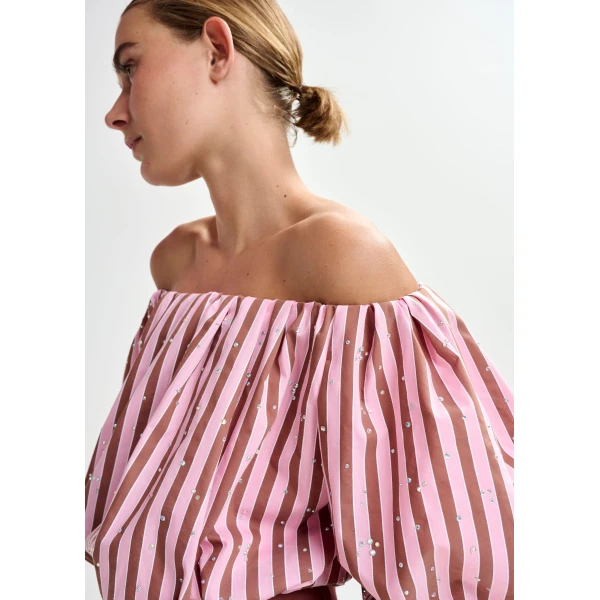 Essentiel Antwerp Brown and pink gathered bodysuit with puffed sleeves, view 4