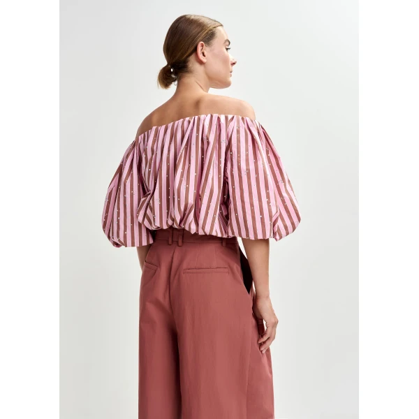 Essentiel Antwerp Brown and pink gathered bodysuit with puffed sleeves, view 5