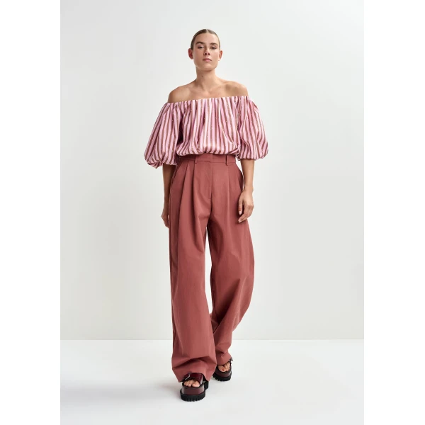 Essentiel Antwerp Brown and pink gathered bodysuit with puffed sleeves, view 6